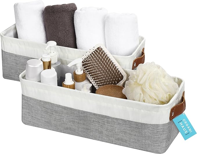OrganiHaus Narrow Storage Bins 15x06in, Small Closet Bins for Shelves, Bathroom Storage Baskets for Shelves, Narrow Baskets, Fabric Organizer with Handles, Toilet Paper Organizer - 2 Pack, Gray-Ruum Studio Home