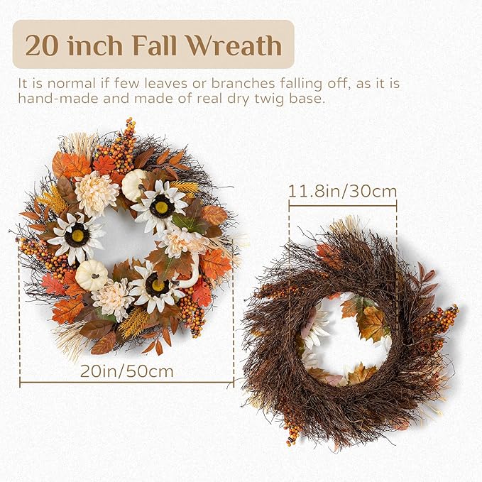 Fall Wreaths for Front Door Decor - Walasis 20 Inch Thanksgiving Wreath with Maple Leaves White Pumpkin Daisy Sunflower Wreath Autumn Harvest Decorations for Table Front Porch-Ruum Studio Home