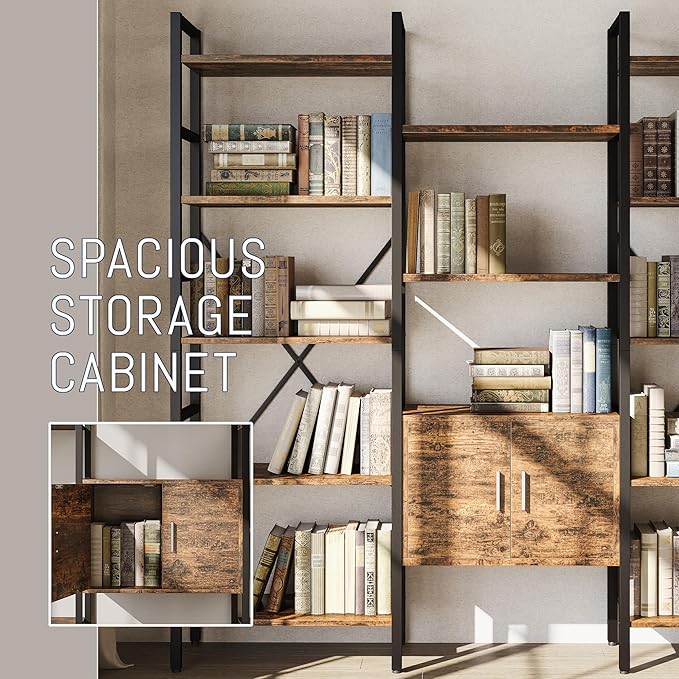 70 x70" Triple 5 Tier Book Shelf, Industrial Large Bookcase with Storage Cabinet, Tall Bookshelf with 14 Open Display Shelves Metal Frame Furniture for Living Room Bedroom Home Office Rustic Brown-Ruum Studio Home