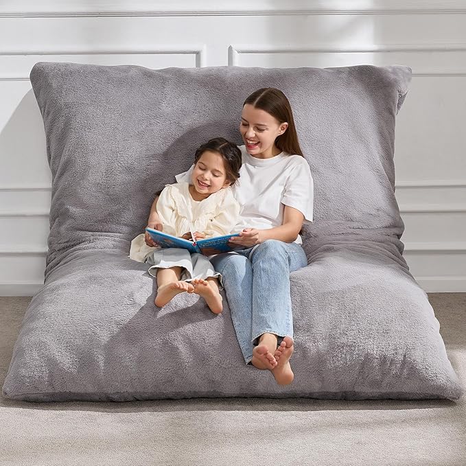 Hobestluk 3 in 1 Bean Bag Chair Giant Bean Bag Chairs for Adults with Chevron Plush Fur Cover Convertible Bean Bag Floor Cushion with Machine Washable Cover for Living Room (Plush Grey)-Ruum Studio Home