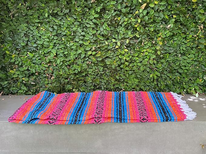 Del Mex Classic Mexican Blanket, Large Authentic Woven Falsa Throw (70"x50"), Artisan Southwest Décor for Beach, Yoga, Outdoors (Turquoise/Pink/Orange)-Ruum Studio Home