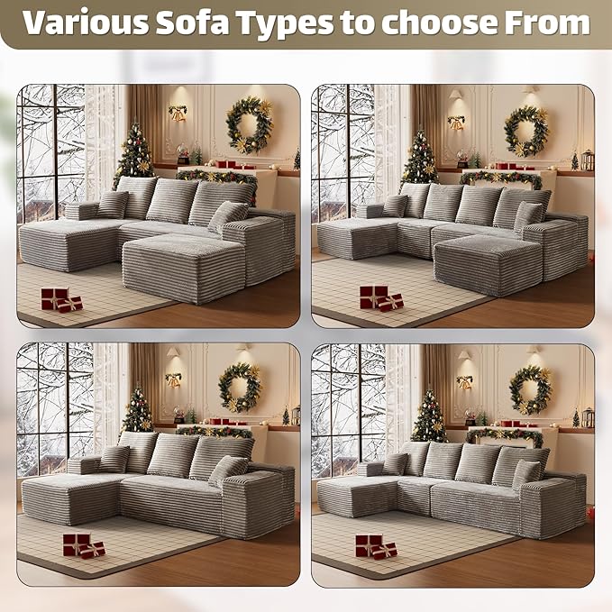 HYJT-H&K Modular Sectional Sofa Cloud Couch, 107" Comfy L Shaped Sectional Couches for Living Room, Deep Seat Memory Foam Plush Fluffy Corduroy Boneless Couch Sectionals Left Facing Sofa Chaise Brown-Ruum Studio Home