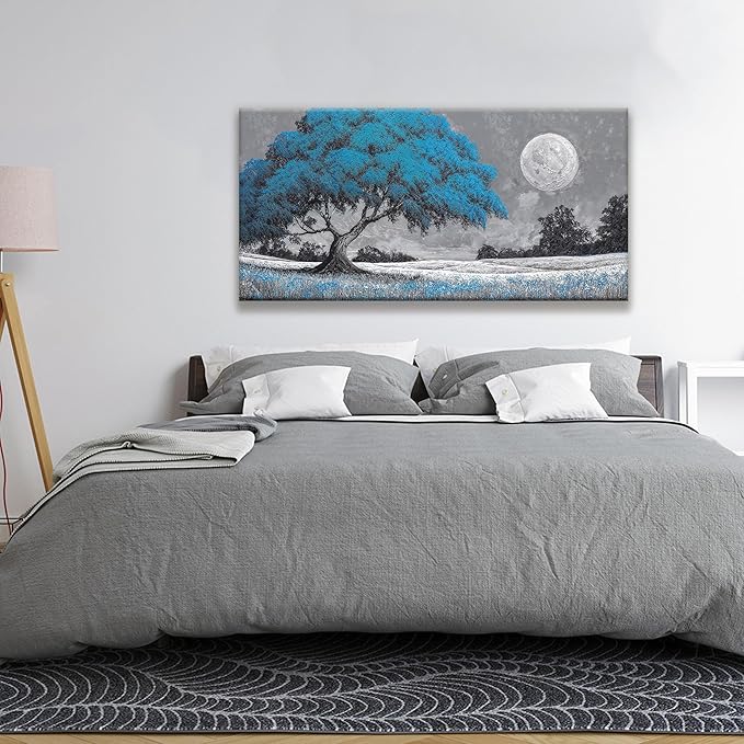 TAIJXAGSG Wall Art For Living Room Blue Tree Moon Canvas Art Wall Print Decor Artwork Print Painting 24" X 48" Modern Wall Art Picture For Bedroom Modern Salon Kitchen Office Home Wall Decor-Ruum Studio Home
