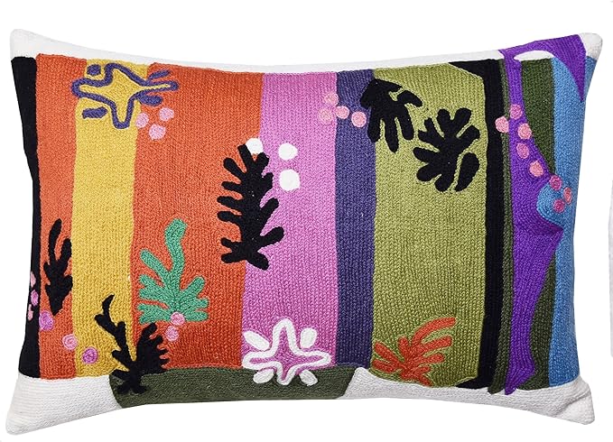 Lumbar Matisse Decorative Pillow Cover Art Nouveau Toss Pillowcase Farmhouse Chair Cushion Contemporary Pillowsham Mid-Century Couch Cushions Hand Embroidered Pillow Wool 18x18-Ruum Studio Home