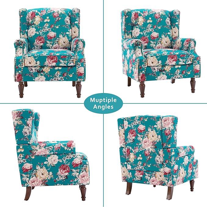 Lumibee Wingback Accent Chair,High Back Floral Armchairs in Fabric,Comfy Upholstered Reading Single Sofa Chair with Solid Wood Legs for Living Room,Bedroom,Office-Peacock Blue-Ruum Studio Home