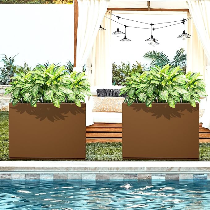 FENCY Metal Rectangular Planter Box for Outdoor - Large Planters with Drainage Holes (35.4" L x 9" W x 25.6" H, Brown)-Ruum Studio Home