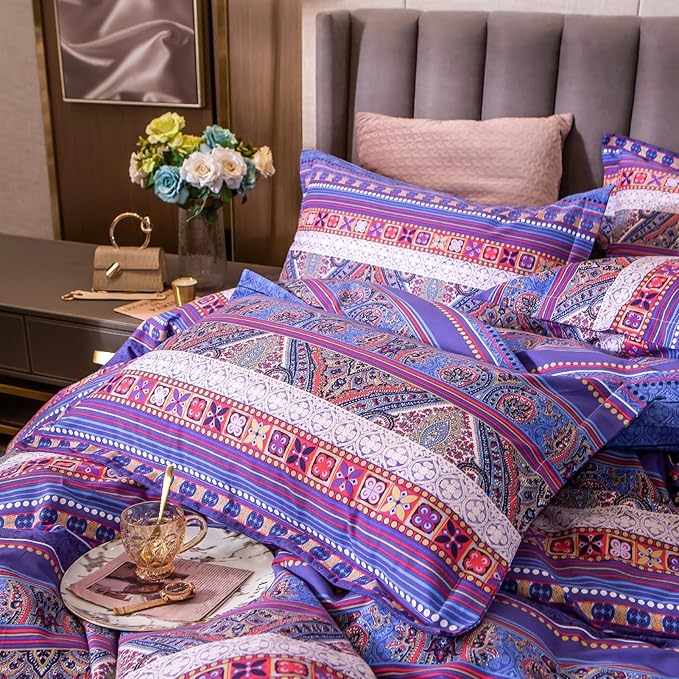 ABREEZE Bohemian Vintage King Size Floral Cotton Bedding Set 3Pcs Duvet Cover Set Boho Purple Paisley 100% Egyptian Brushed Cotton Reversible Home Bedding Collection-Ruum Studio Home