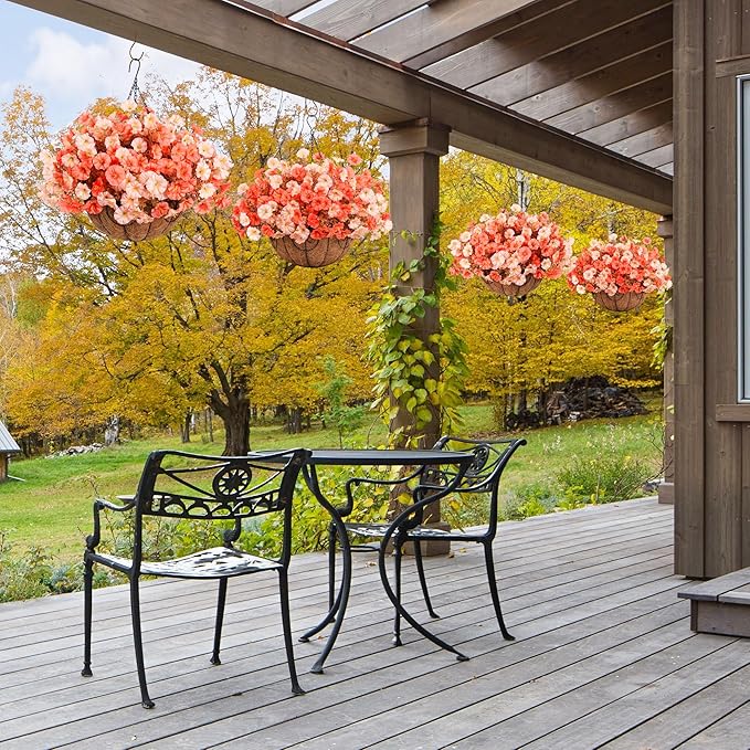 Artificial Fall Flowers Fake Hanging Plants Flowers Basket for Outdoors Autumn Decoration, Silk Morning Glory with Eucalyptus Look Real UV Resistant Faux Flowers for Outside Porch Patio Balcony, Mix-Ruum Studio Home