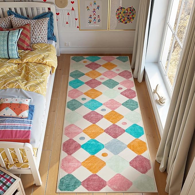 jinchan Runner Rug 2x5 Kids Hallway Washable Rug Indoor Soft Non Slip Modern Diamond Carpet for Nursery Room Bedroom Kitchen Laundry Room Confetti on Cream-Ruum Studio Home