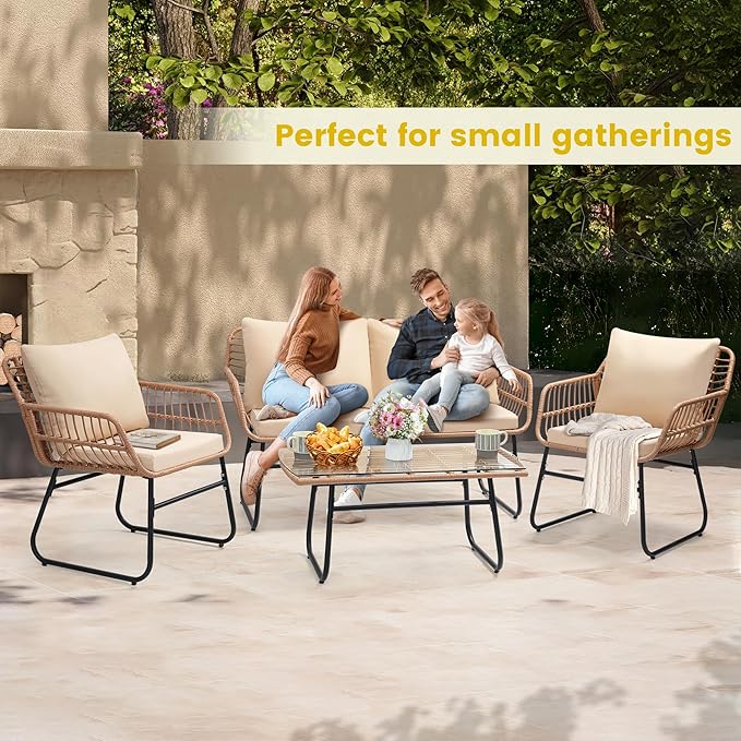 Kromax 4 Piece Patio Bistro Outdoor Furniture Set, Wicker Sofa, 2 Rattan Chairs, and Table, Backyard Conversation Set, All Weather Cushions, Natural Rattan Beige Cushion-Ruum Studio Home