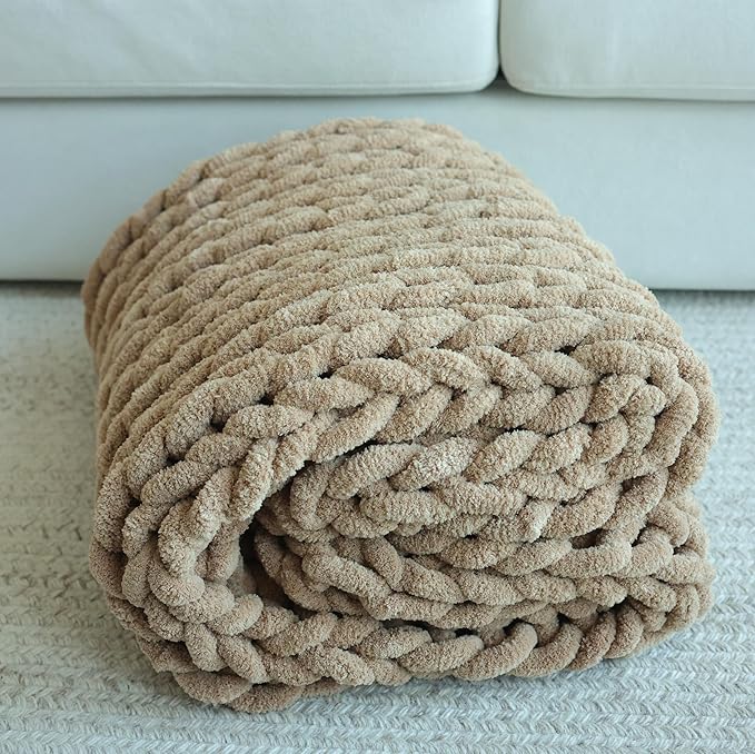 Maetoow Chenille Chunky Knit Blanket Throw （60×80 Inch）, Handmade Warm & Cozy Blanket Couch, Bed, Home Decor, Soft Breathable Fleece Banket, Christmas Thick and Giant Yarn Throws, Khaki-Ruum Studio Home