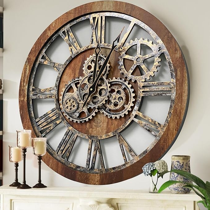 The Gears Clock The Original Real Moving Gear Wall Clock Vintage Industrial Oversized Rustic Farmhouse (24 inch (60cm), Vintage Brown)-Ruum Studio Home