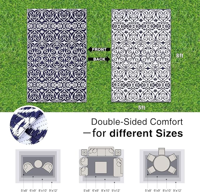 OLANLY Outdoor Rug Waterproof 5x8 ft Clearance, Reversible Outdoor Plastic Straw Rug with Floral Pattern, RV Mat for Patio, Camping, Balcony, Deck, Backyard, Navy & White-Ruum Studio Home