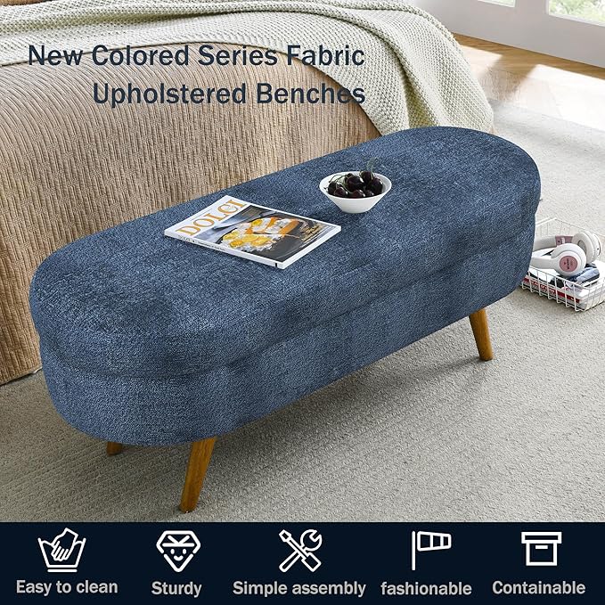 Oval Storage Bench 43.5" Linen Fabric Upholstered Entryway Bench with Solid Wood Legs Ottoman Bench Indoor Bench for Living Room/Bedroom/End of Bed/Entryway (Blue)-Ruum Studio Home