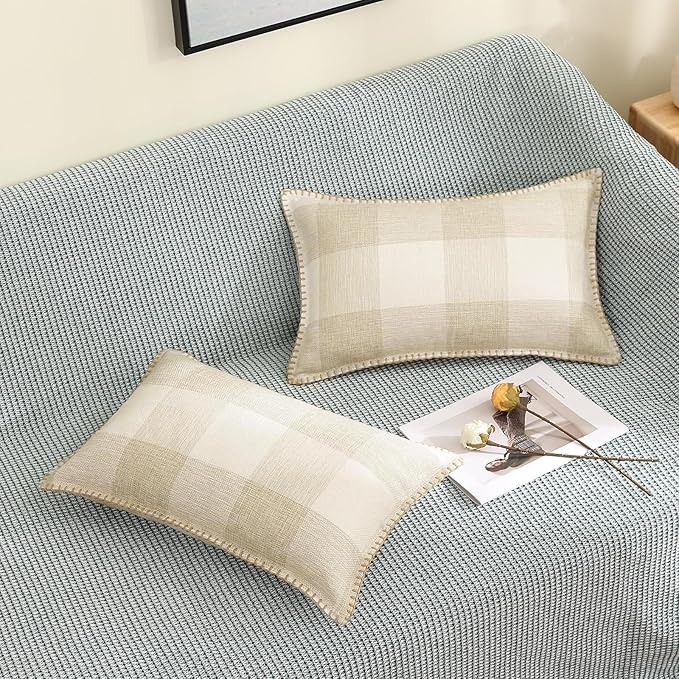 decorUhome Buffalo Plaid Check Fall Throw Pillow Covers 12x20 Set of 2, Outdoor Lumbar Decorative Farmhouse Pillow Covers with Stitched Edge for Bed Couch Sofa, Cream White and Beige-Ruum Studio Home