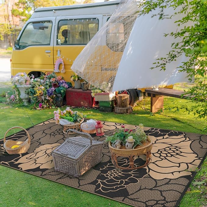 GENIMO Outdoor Rug Waterproof for Patio Decor, 8' x 10' Reversible Plastic Straw Floral Camping Carpet, Large Area Rugs Mats for RV, Camper, Deck, Balcony, Porch, Beach, Picnic, Mix-Black & Brown-Ruum Studio Home