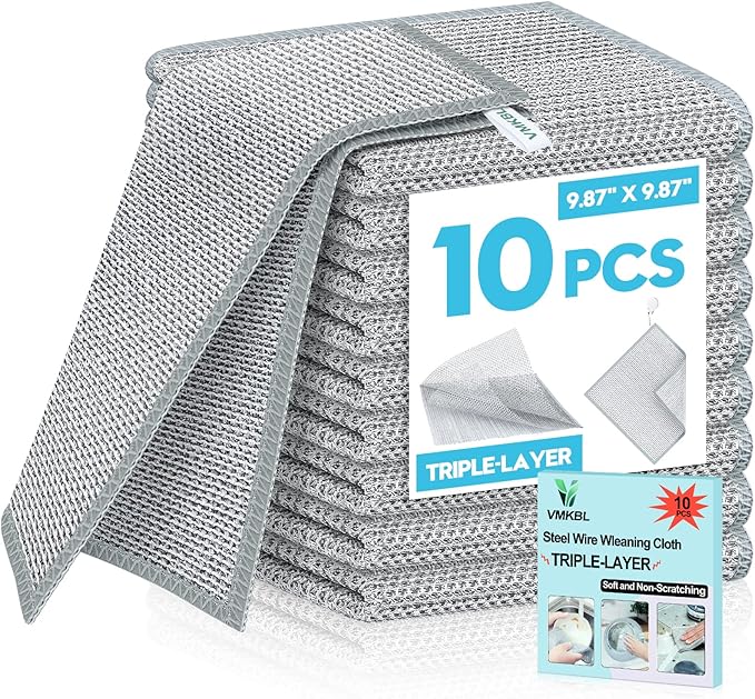 10 Pcs New Upgraded 3 Layers Non Scratch Wire Dishcloth, Multipurpose Wire Dishwashing Rags, Wet & Dry for Cookware, Sinks, Dishes, Stoves & Fireplaces 9.87“ x 9.87”-Ruum Studio Home