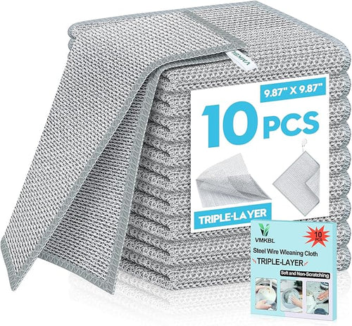 10 Pcs New Upgraded 3 Layers Non Scratch Wire Dishcloth, Multipurpose Wire Dishwashing Rags, Wet & Dry for Cookware, Sinks, Dishes, Stoves & Fireplaces 9.87“ x 9.87”-Ruum Studio Home