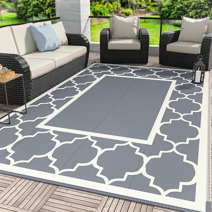 GENIMO 6' x 9' Outdoor Rug Waterproof for Patio Decor, Foldable Reversible Plastic Straw Area Rugs Mat for Camper, Outside Carpet for Rv, Deck, Porch, Picnic, Beach, Balcony, Grey & Beige White-Ruum Studio Home