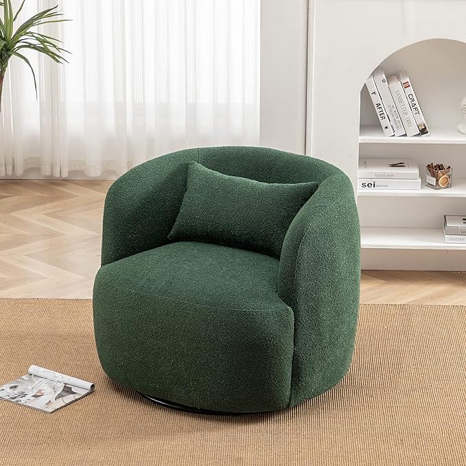 KINWELL 34" Wide Boucle Swivel Barrel Chair, No Assembly Round Upholstered Armchair Accent Chair Single Sofa Chair with Toss Pillow for Living Room and Bedroom, Green-Ruum Studio Home