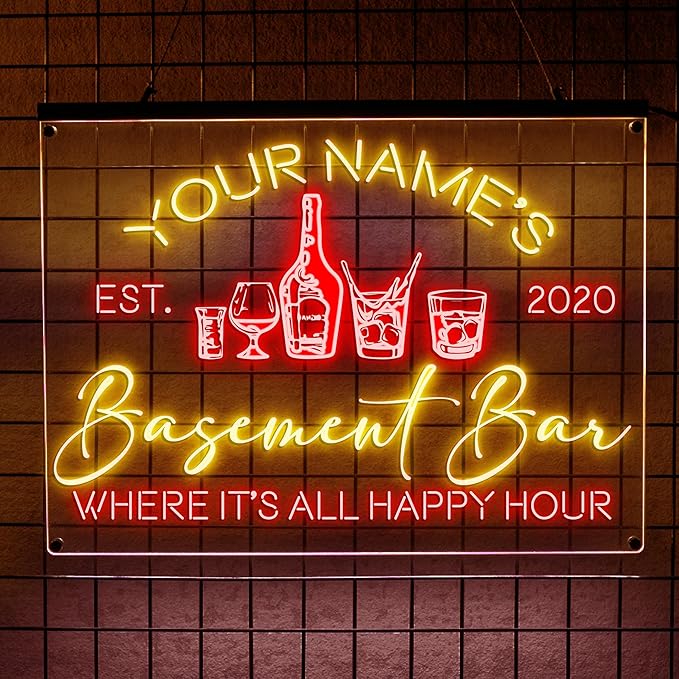Personalized Basement Bar LED Neon Sign, Custom Name Happy Hour Acrylic Wall Light for Home Bar & Man Cave Decor-Ruum Studio Home