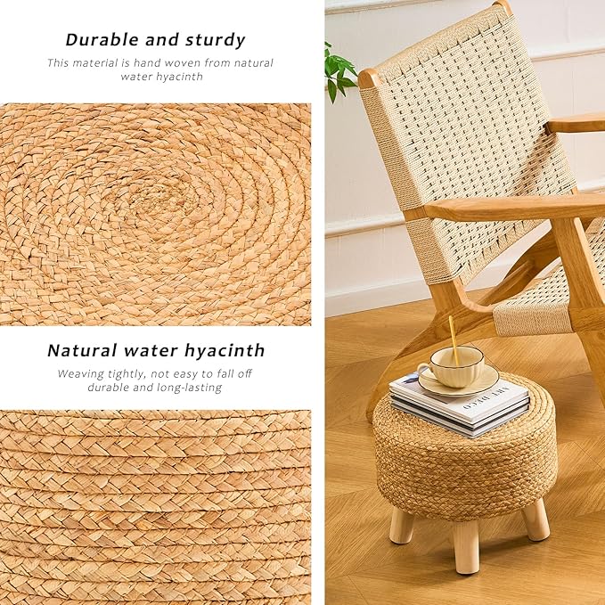 Handwoven Round Ottoman, Natural Water Hyacinth Outdoor Patio Pouf Seagrass Low Stool with Wood Legs, Soft Padded Footrest for Living Room Bedroom Garden, Natural-Ruum Studio Home