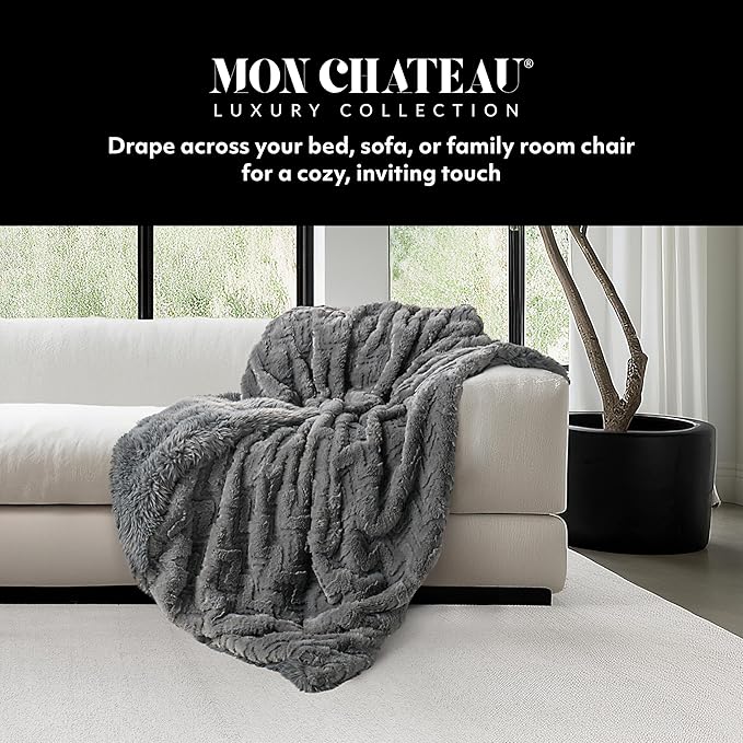 Mon Chateau Grey 3D Jacquard Faux Fur Throw, Plush Luxury Blanket for Couch, Sofa, or Bed, Soft Reversible Throw Blanket for Sleeping, Home & Room Décor, 60" x 70"-Ruum Studio Home