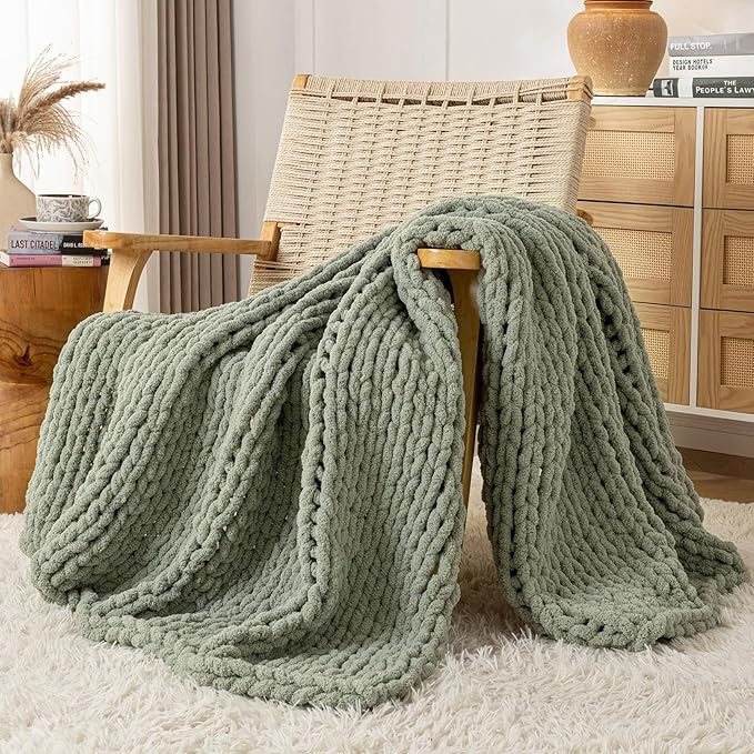 Chunky Knit Blanket Throw, 100% Hand Knit Throw Blanket Handmade Chenille Cable Knit Throw for Couch, Stylish Cozy Soft Rope Knot Crochet Blanket for Home Decor, Sage Green, 50x60 Inches-Ruum Studio Home