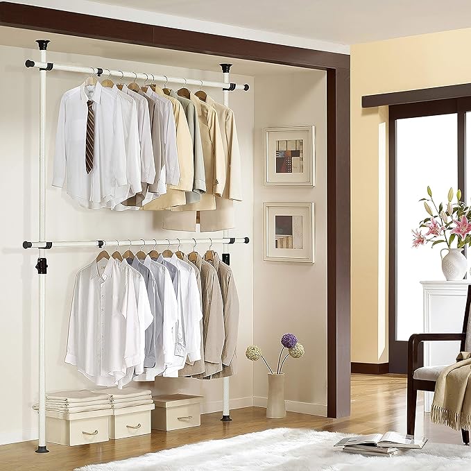 PRINCE HANGER Rack Heavy Duty One Touch System Load 352LBS Clothing Racks for Hanging Clothes Metal Closet Garment Closet system Tension Rod Free Standing Ivory Width Adjustable PHUS-0023-Ruum Studio Home