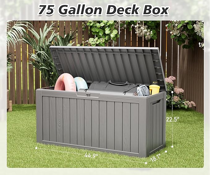 KAMABOKO Deck Box, 75 Gallon Resin Indoor and Outdoor Storage Boxes Waterproof for Garden Tools, Pool Accessories Storage Bench, Patio Furniture and Cushions with Lockable Lid, Grey-Ruum Studio Home