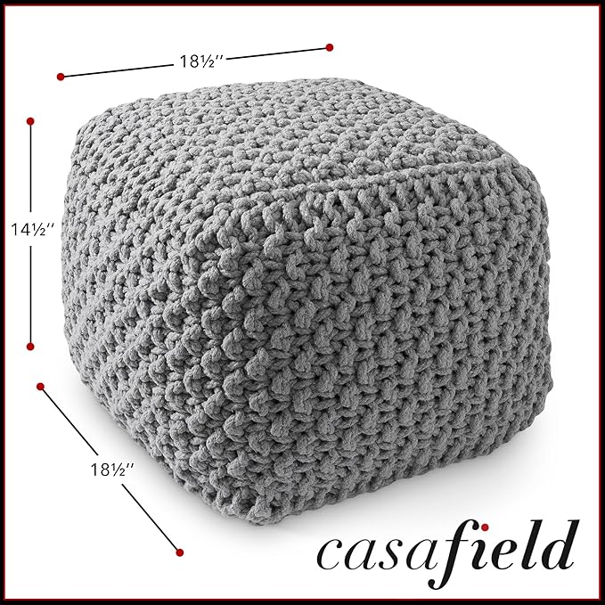 Casafield Square Pouf Ottoman, Light Gray 18.5" W x 18.5" D x 14.5" H Cotton Knit Foot Stool - Boho Floor Pouffe for Living Room, Bedroom, Home Office-Ruum Studio Home