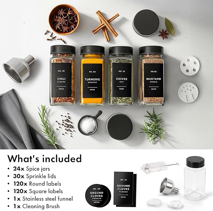Glass Spice Jars with Label and Stainless Steel Lids (24 x 4oz) Spice Containers with 240 Labels, Shaker Inserts, Steel Funnel, Empty Square Empty Square Seasoning Organizer (Black)-Ruum Studio Home