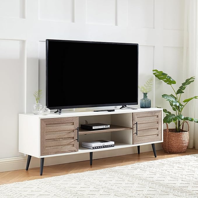 Mid Century Wooden TV Stand with Open Shelf and 2 Storage Cabinets for TVs up to 65 Inches,White Walnut Modern Entertainment Center TV Console for Living Room,Bedroom.-Ruum Studio Home