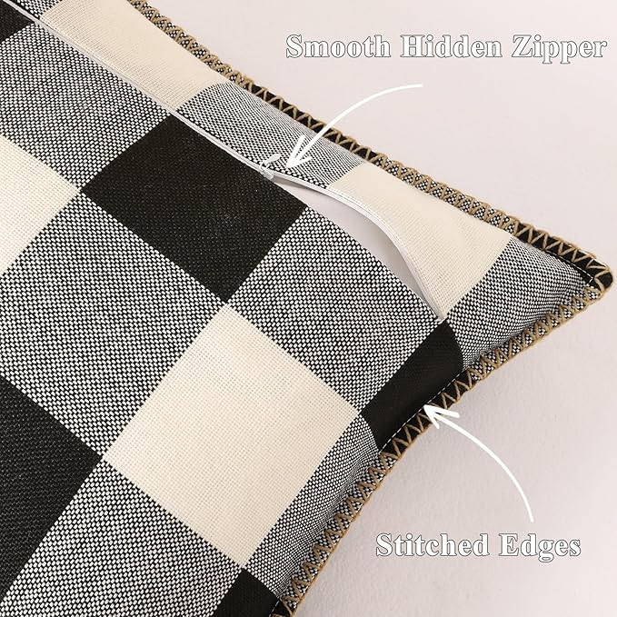 decorUhome Buffalo Plaid Check Throw Pillow Covers 16x16 Set of 2, Outdoor Decorative Farmhouse Neutral Pillow Covers with Stitched Edge for Bed Couch Sofa, Black and White-Ruum Studio Home