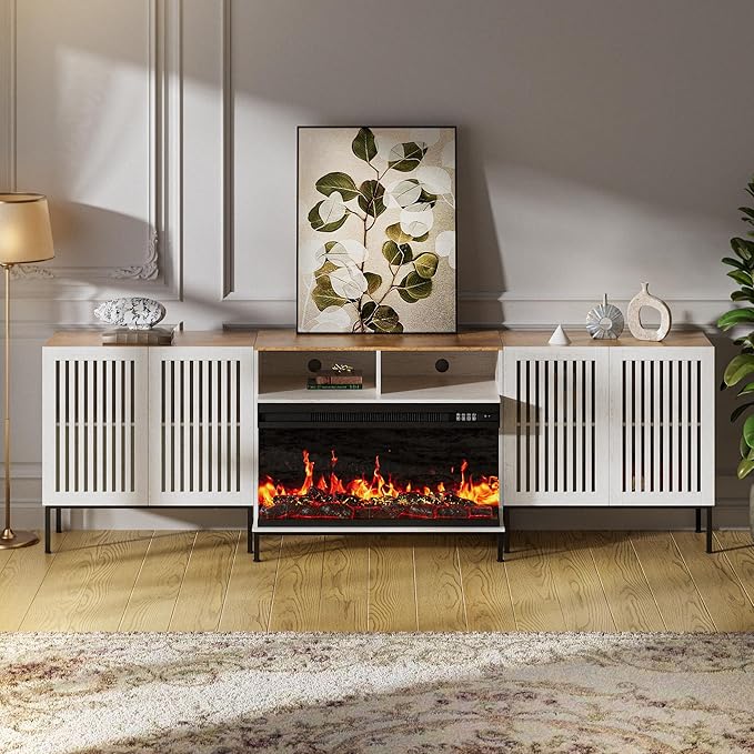 3-Sided Glass Farmhouse Fireplace TV Stand for TVs Up to 100 Inch, Entertainment Center with 36" Electric Fireplace, TV Console with Storage Cabinets for Living Room, Antique White-Ruum Studio Home
