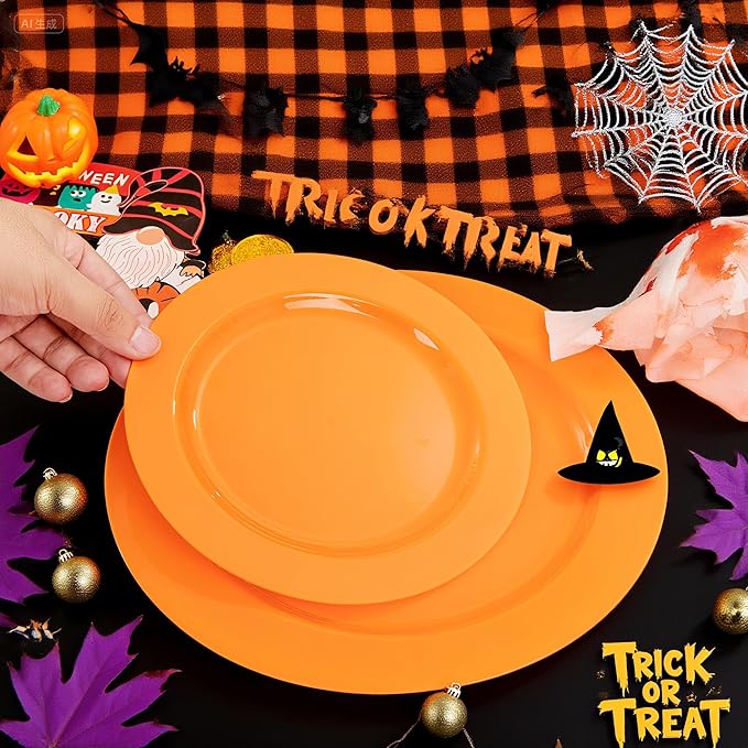 FLOWERCAT 60PCS Orange Plates - Heavy Duty Orange Plastic Plates Disposable for Halloween & Thanksgiving Party - Serve 30 Guests 10.25inch and 7.5inch-Ruum Studio Home