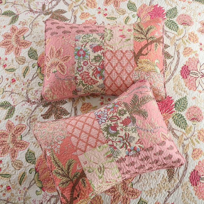 NEWLAKE Cotton Patchwork Bedspread, 3-Piece Bedding Quilt Set with Real Stitched Embroidery, Reversible Matelasse Bed Coverlet Set,Bohemian Floral, Queen Size-Ruum Studio Home