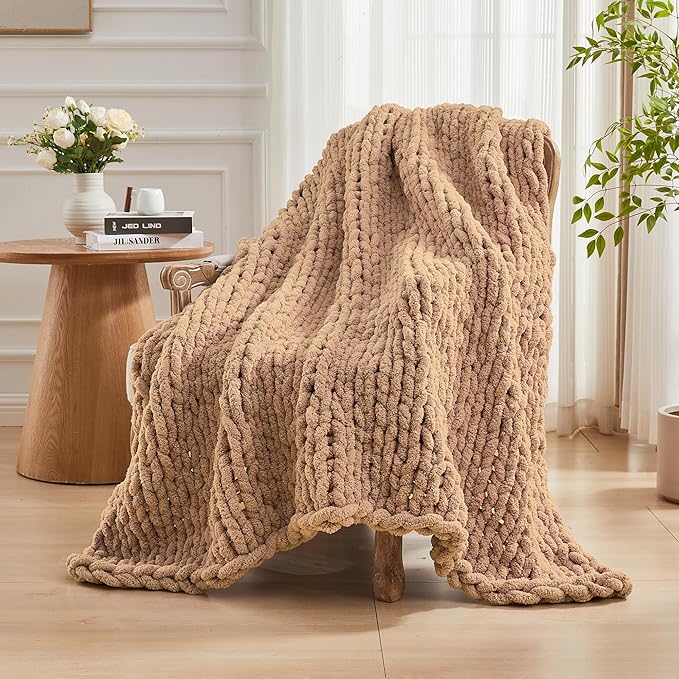 Carriediosa Chunky Knit Throw Blanket 60" X 80" Twin, 100% Hand Made Large Chenille Loop Yarn Soft Fluffy Throws for Couch Sofa Bed, Big Crochet Cozy Heavy Thick Cable Woven Blankets, Tan Brown-Ruum Studio Home