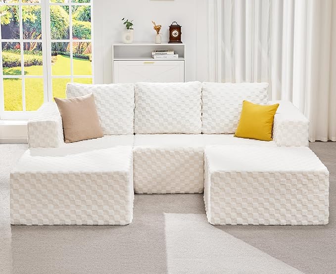 Hobestluk Modular Sectional Sofa Memory Foam Couch Oversized Sectional Sofa 3-Seater with Chaises Cloud Couch with Removable Cover U Shaped Sofa for Living Room (Plush White, U Shape)-Ruum Studio Home