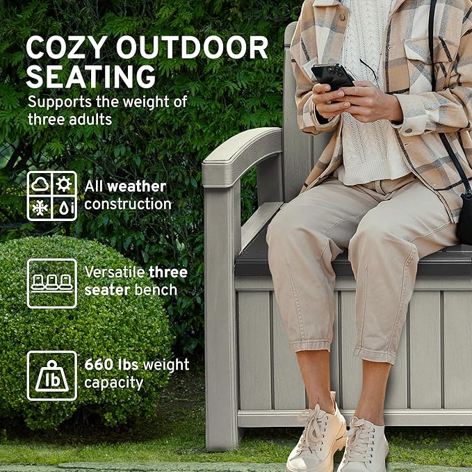 EconoHome 3 Seat Outdoor Storage Bench with Rain Cover - 90 Gallon Capacity - Weatherproof Resin Bench for Patio, Porch, Garden, Yard, Pool Area - Furniture for Pool Accessories, Gardening Tools-Ruum Studio Home