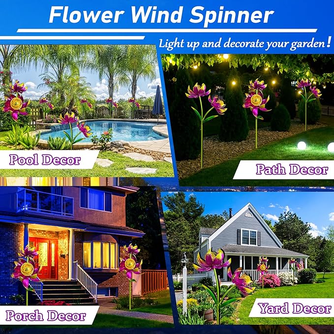 Solar Wind Spinner Outdoor, 63 Inch Metal Wind Spinner Yard Art with Lights - Twin Flower Design Pinwheels for Yard and Garden Decor, Solar Garden Decor-Ruum Studio Home
