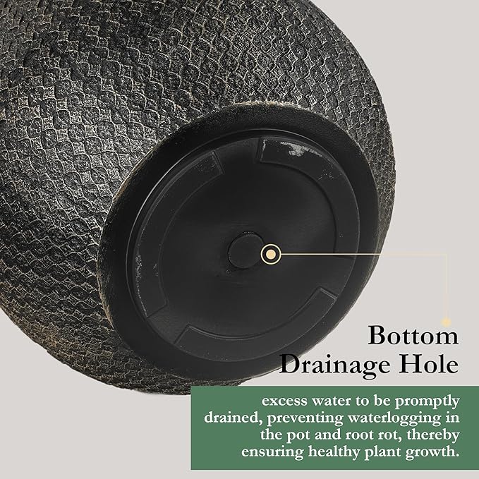 Worth Garden Large Round Planters Set of 2 (14.5"x17.5" & 12" x15“) - Lightweight Magnesium Oxide Cement Plant Pot with Texture - Concrete Look with Drainage Hole – Indoor & Outdoor Use - Black Gold-Ruum Studio Home
