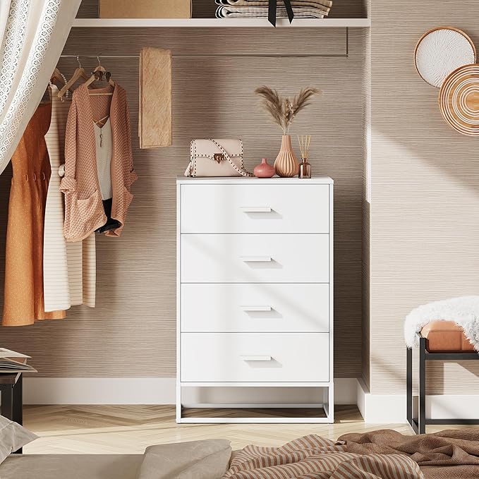 WLIVE White Wood Dresser for Bedroom with 4 Drawers, Tall Chest of Drawers with Sturdy Metal Frame for Living Room, Hallway, Closet-Ruum Studio Home