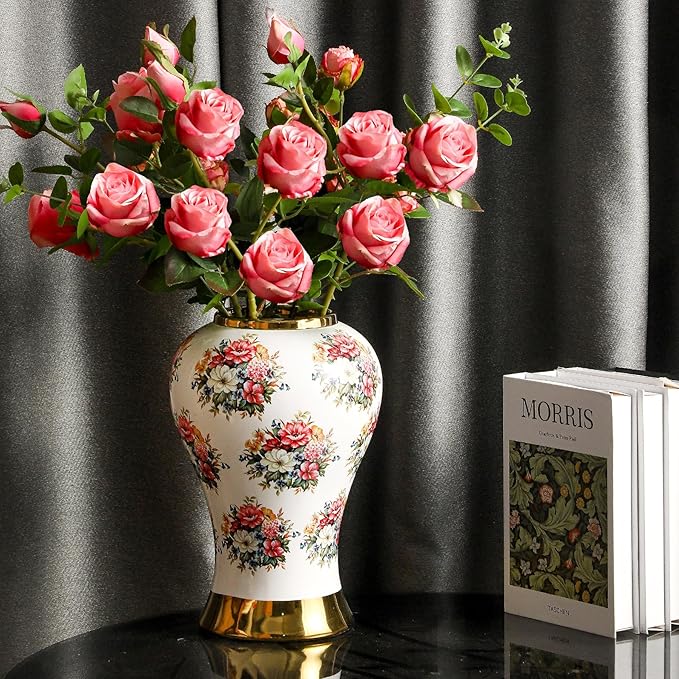 Ginger Jars for Home Decor, White Gold Ceramic Vase with Colorful Floral Pattern, Handmade Decorative Flower Vase with Lid for Home, Kitchen, Office, Table, Bookshelf, Mantle Fireplace,(12in)-Ruum Studio Home