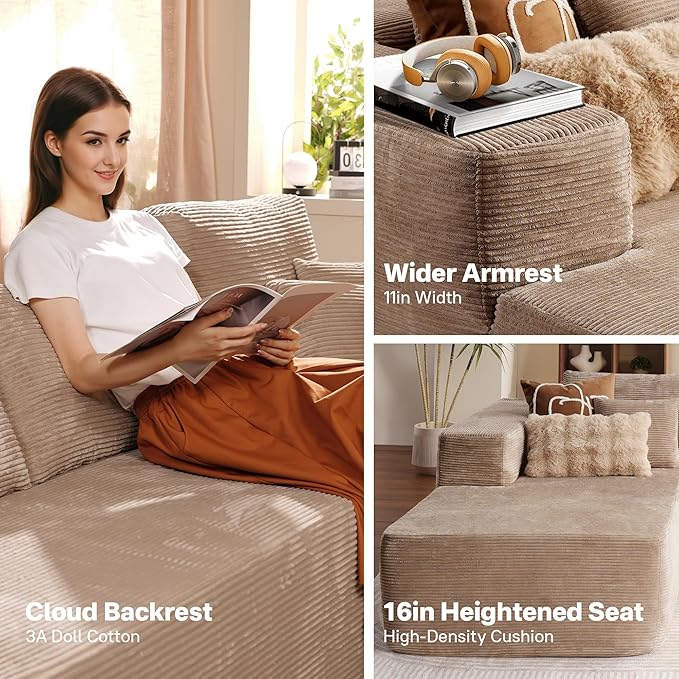 104" Cloud Sectional Couches for Living Room,L Shaped Boneless Couch in A Box,Sleeper Sofa with Comfy Chaise No Assembly Required,Camel-Ruum Studio Home