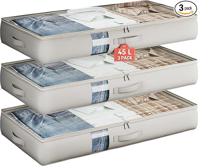 Under Bed Storage Containers with Window, Closet Organizers and Storage Bags, Foldable Underbed Storage Bags for Blankets, Clothing, Comforter, Linen Sheets, Wrapping Paper, 3 Pack, Grey-Ruum Studio Home
