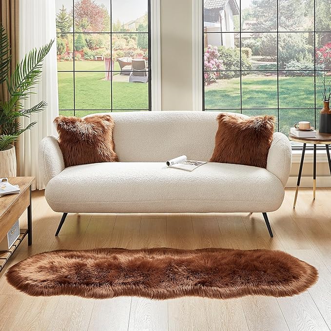 AMTOVO Faux Sheepskin Rug, Coffee Ultra Soft Fluffy Shag Area Rug, 2 x 6 ft Faux Fur Rug for Bedroom Sofa Throw Cushion Room Decor, Sheepskin-Ruum Studio Home