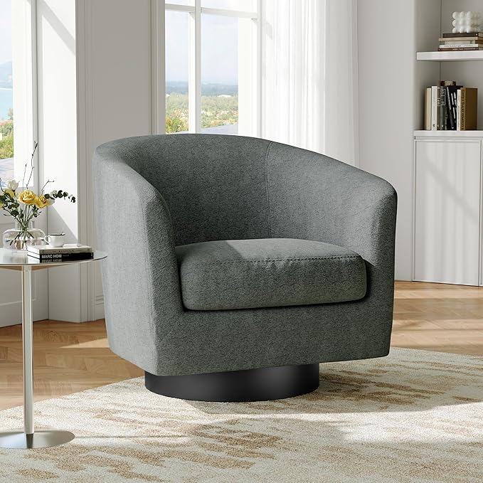 Swivel Barrel Accent Chair, Modern Round Chenille Fabric Arm Chair for Living Room, Bedroom, Comfy Club Reading Chairs for Adults（Chenille Fabric, Grey, Set of 2-Ruum Studio Home