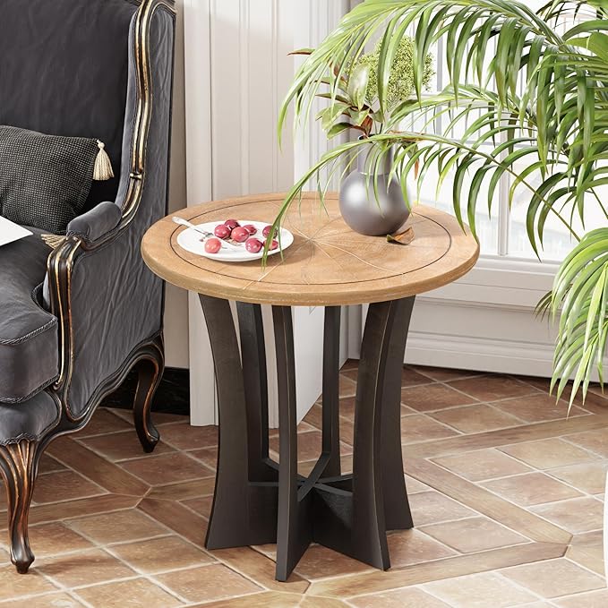 Farmhouse Round End Table with Criss-Cross Wood Legs, Rustic French Country Side Table for Dinning or Living Room, Modern, Black, Natural Wood-Ruum Studio Home
