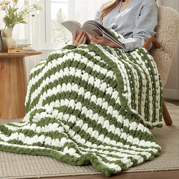 Amélie Home Chunky Knit Throw Blanket for Couch, Soft Chenille Crochet Blanket for Sofa, 50"x60", Sage Green & White Striped-Ruum Studio Home
